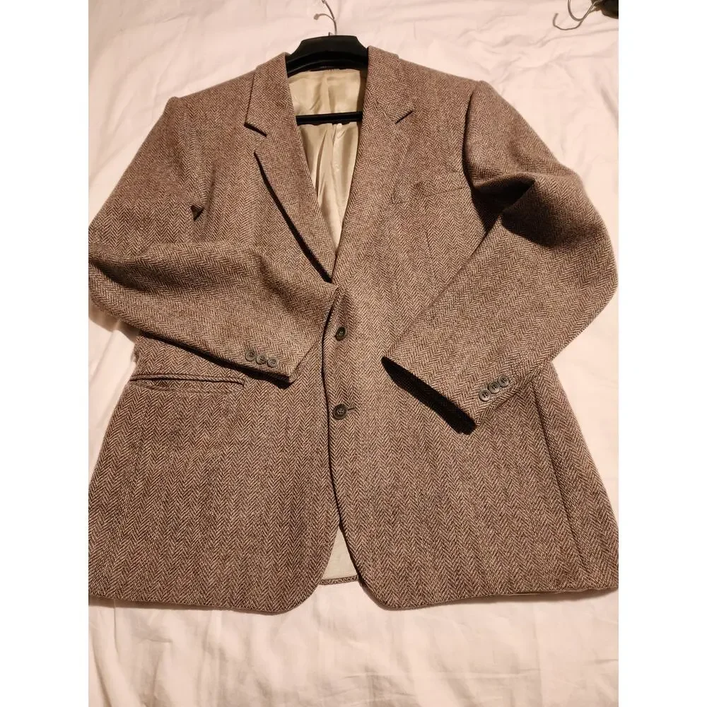 VINTAGE Gallery by Haggar 46 Brown TWEED Wool Herriing Bone Sport Coat